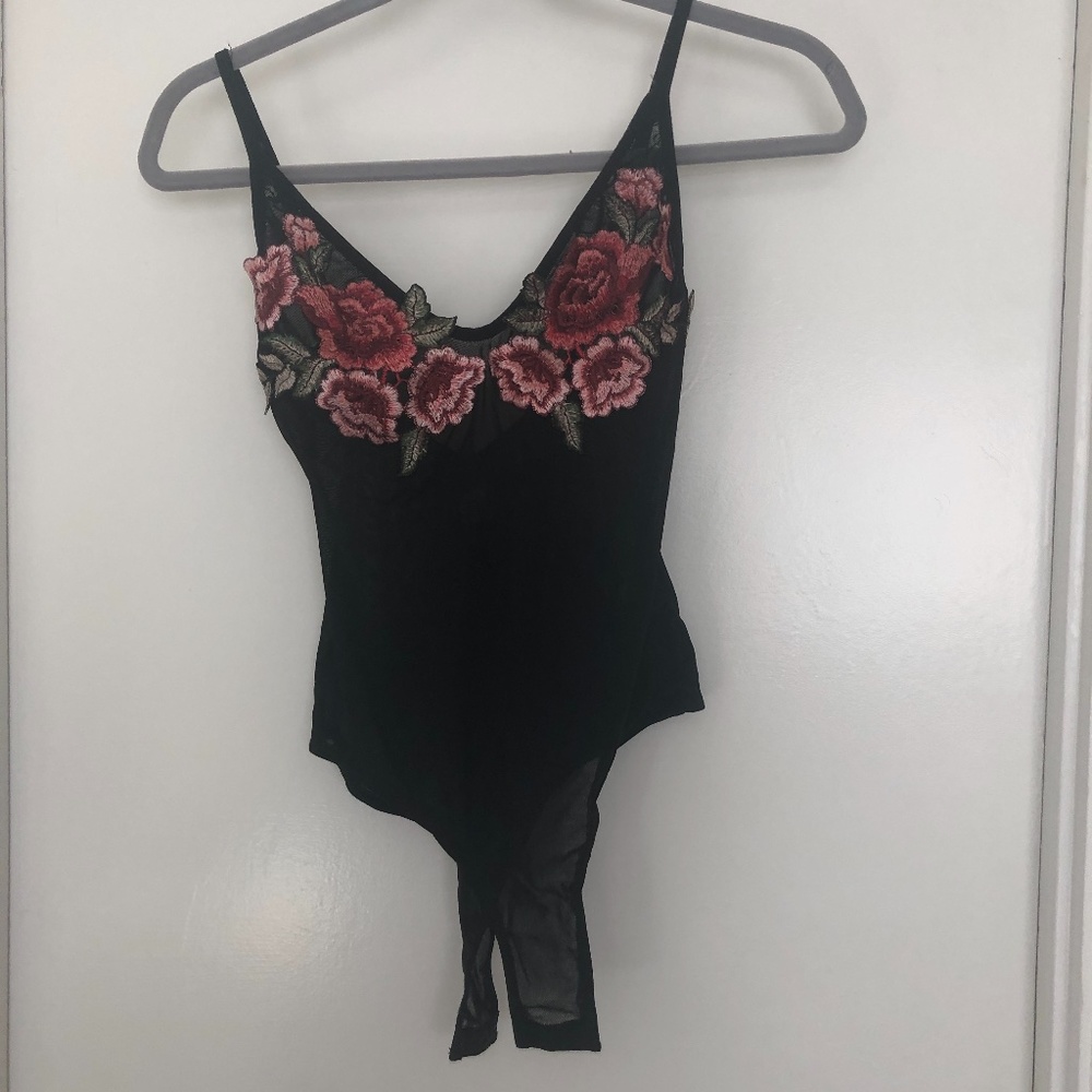 Black Mesh Bodysuit with Flower Detailing
